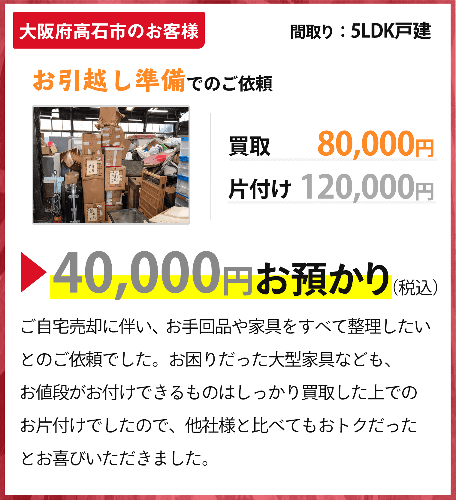 大阪府高石市のお客様、お引越し準備での依頼の方の買取実績